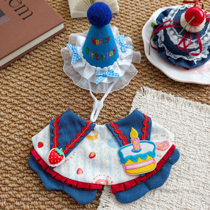 Size S Blue Pet Birthday Party Supplies Strawberry Cake Bib and Hat Set Cat Dog Costume Photo Shoot Outfit