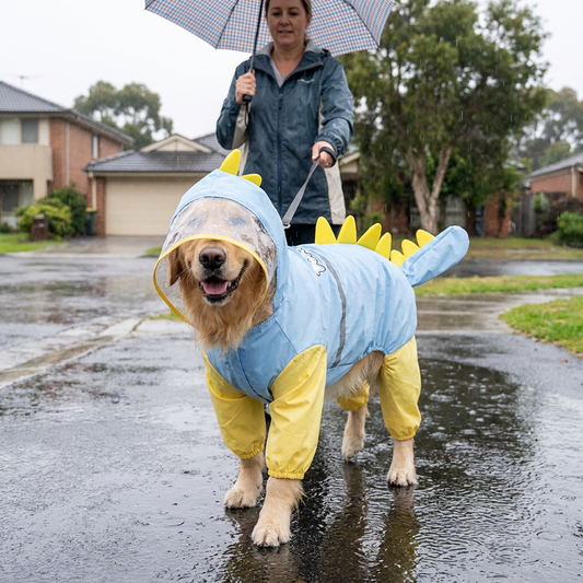 Blue Dog Raincoat Dinosaur Hooded Waterproof Jacket 3XL Size with Leash Hole Removable Tail Cover Full Body Coverage Pet Rain Coat for Outdoor Walking Large Dogs