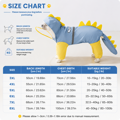 Blue Dog Raincoat Dinosaur Hooded Waterproof Jacket 3XL Size with Leash Hole Removable Tail Cover Full Body Coverage Pet Rain Coat for Outdoor Walking Large Dogs