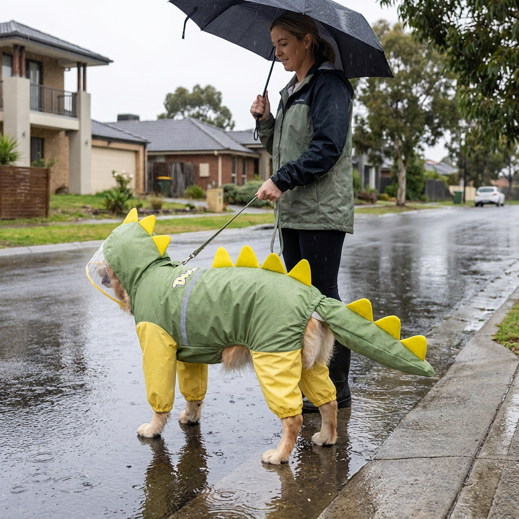 Green Dog Raincoat Dinosaur Hooded Waterproof Jacket 3XL Size with Leash Hole Removable Tail Cover Full Body Coverage Pet Rain Coat for Outdoor Walking Large Dogs