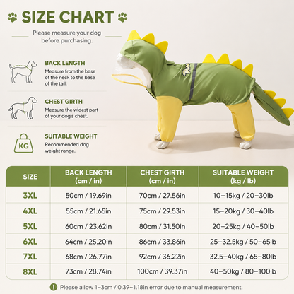 Green Dog Raincoat Dinosaur Hooded Waterproof Jacket 4XL Size with Leash Hole Removable Tail Cover Full Body Coverage Pet Rain Coat for Outdoor Walking Large Dogs