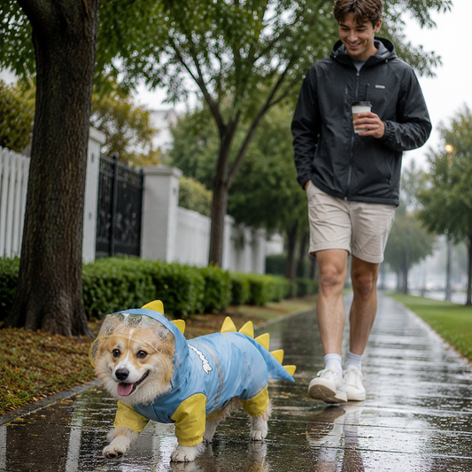 Blue Size L Waterproof Dinosaur Dog Raincoat with Harness Hole Full Body Pet Rain Jacket for Small Dogs Tail Cover Lightweight Outdoor Walking
