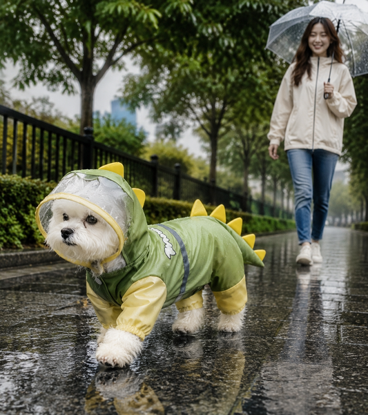 Green Size 2XL Waterproof Dinosaur Dog Raincoat with Harness Hole Full Body Pet Rain Jacket for Small Dogs Tail Cover Lightweight Outdoor Walking