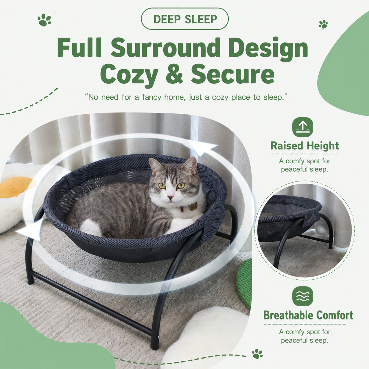 Grey Elevated Cat Hammock Bed - 45 x 42 x 23 cm Reinforced Iron Frame and Easily Removable Breathable Elastic Mesh, Stable Raised Cooling Lounger for Cats and Small Dogs All Season Use