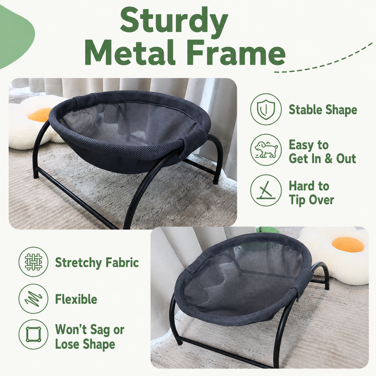Grey Elevated Cat Hammock Bed - 45 x 42 x 23 cm Reinforced Iron Frame and Easily Removable Breathable Elastic Mesh, Stable Raised Cooling Lounger for Cats and Small Dogs All Season Use