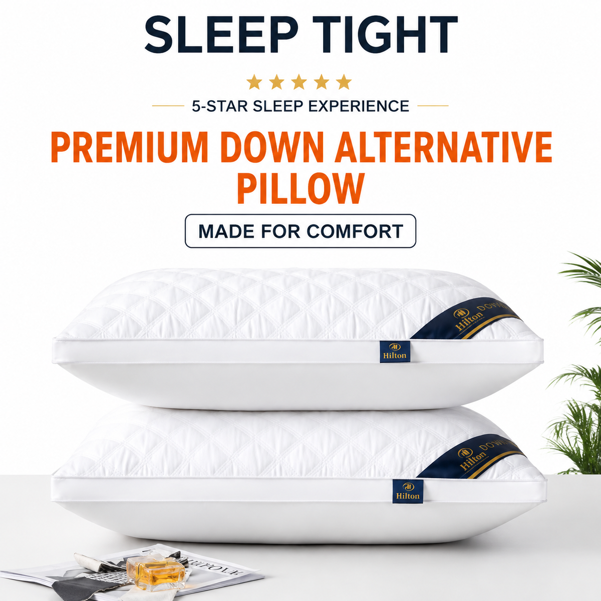 High Rebound Quilted Hotel Pillow Set 2 Pack - Anti Collapse Brushed Fabric Bed Sleeping Pillows for Ergonomic Neck Support (High Pillow)