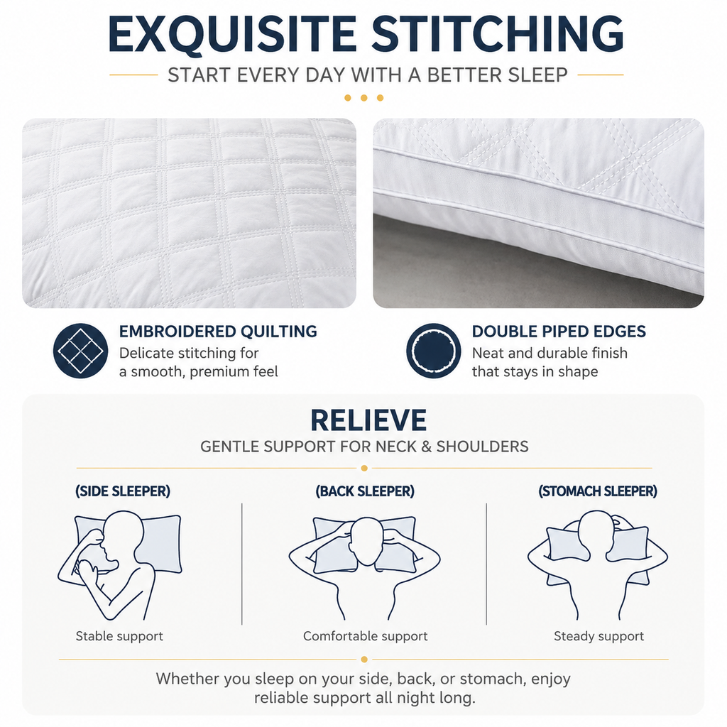 High Rebound Quilted Hotel Pillow Set 2 Pack - Anti Collapse Brushed Fabric Bed Sleeping Pillows for Ergonomic Neck Support (High Pillow)