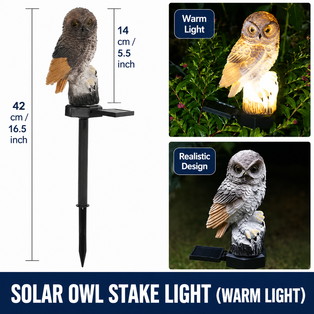 Brown Resin Owl Solar Powered Garden Stake Light - Outdoor Decorative LED Landscape Pathway Night Light