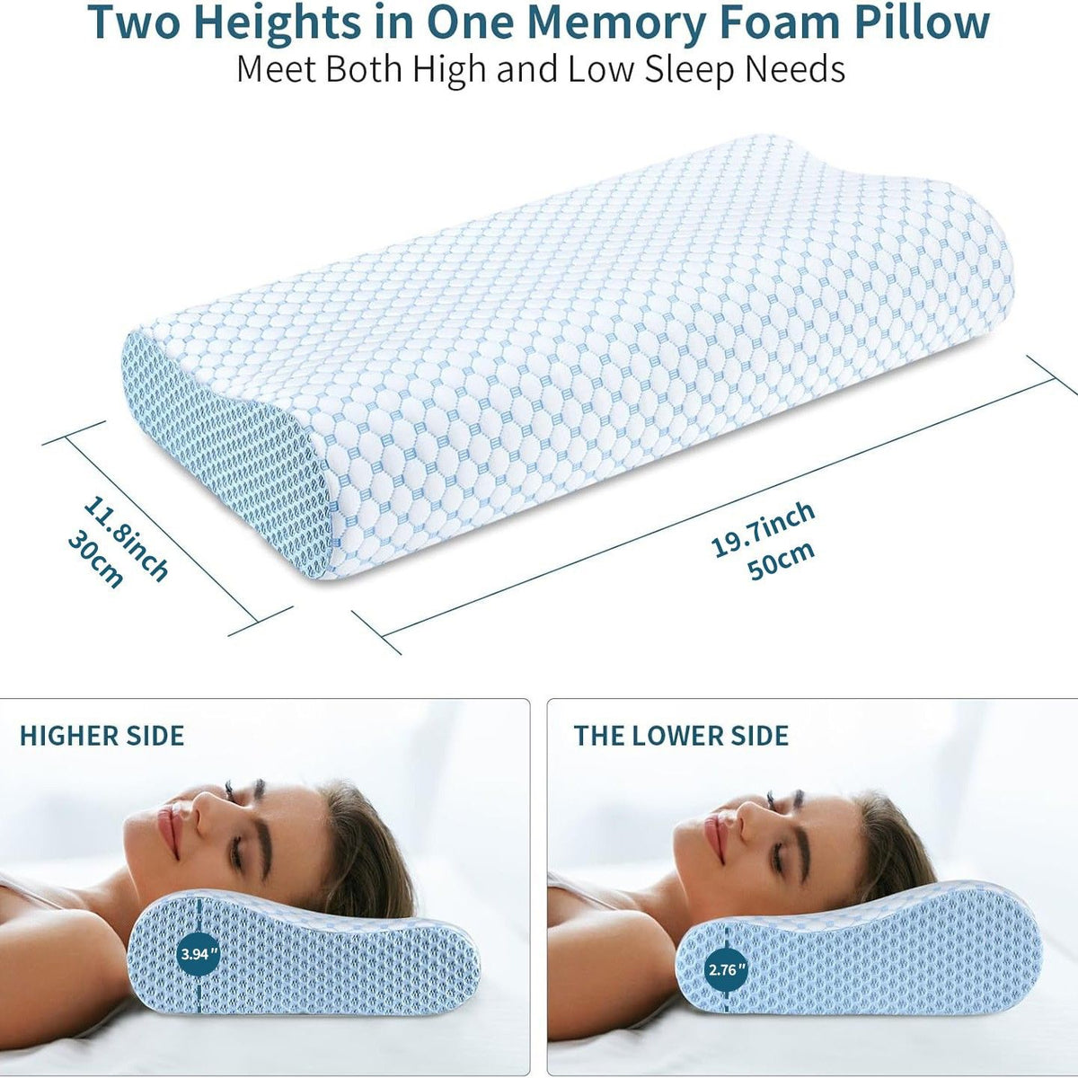 50 x 30CM Ergonomic Cooling Memory Foam Contour Pillow - Slow Rebound Cervical Neck Support Bed Pillow with Washable Ice Silk Cover and Protective Inner Lining