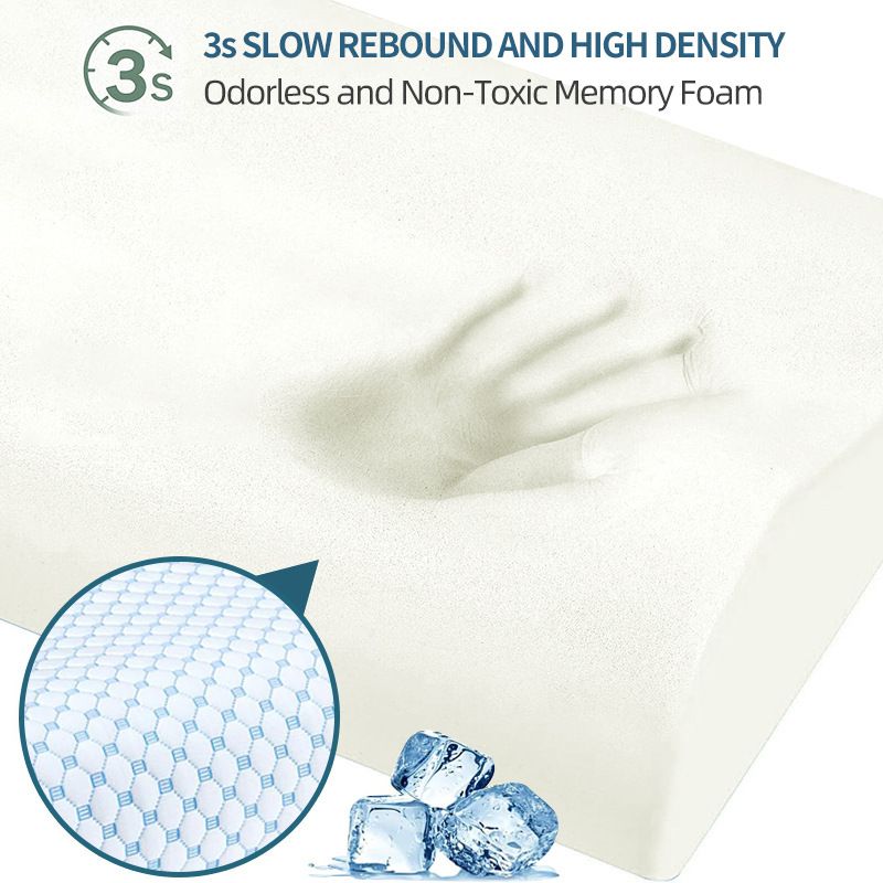 55 x 35CM Ergonomic Cooling Memory Foam Contour Pillow - Slow Rebound Cervical Neck Support Bed Pillow with Washable Ice Silk Cover and Protective Inner Lining