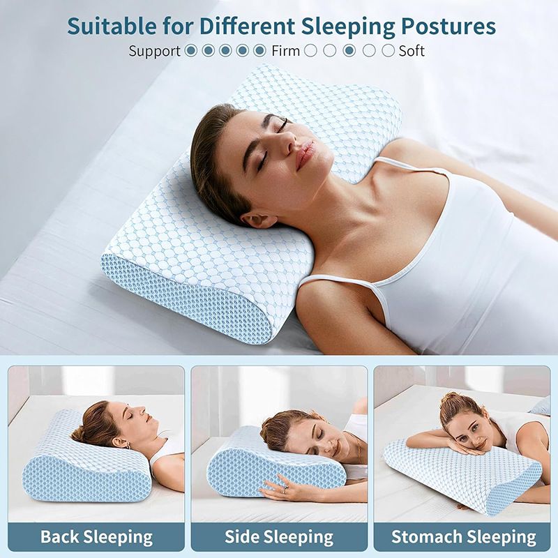 55 x 35CM Ergonomic Cooling Memory Foam Contour Pillow - Slow Rebound Cervical Neck Support Bed Pillow with Washable Ice Silk Cover and Protective Inner Lining