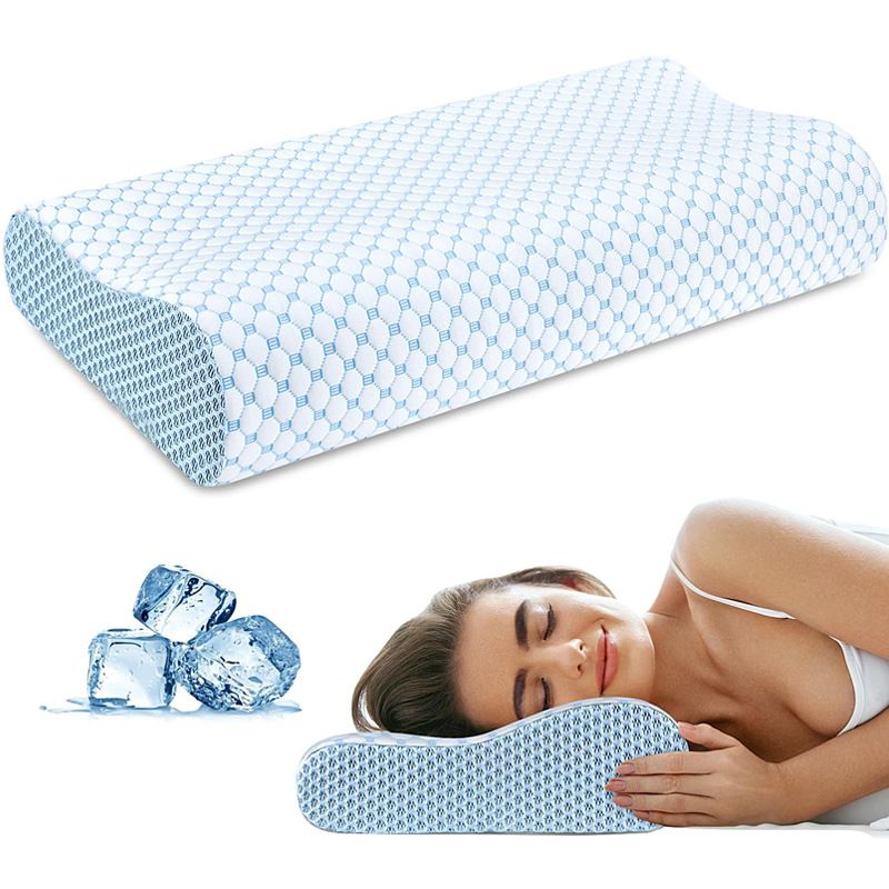60 x 40CM Ergonomic Cooling Memory Foam Contour Pillow - Slow Rebound Cervical Neck Support Bed Pillow with Washable Ice Silk Cover and Protective Inner Lining