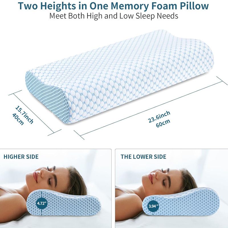 60 x 40CM Ergonomic Cooling Memory Foam Contour Pillow - Slow Rebound Cervical Neck Support Bed Pillow with Washable Ice Silk Cover and Protective Inner Lining
