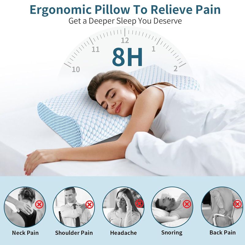 60 x 40CM Ergonomic Cooling Memory Foam Contour Pillow - Slow Rebound Cervical Neck Support Bed Pillow with Washable Ice Silk Cover and Protective Inner Lining