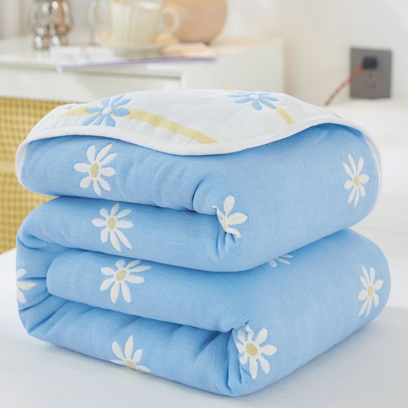 100% Cotton 6-Layer Gauze Summer Blanket & Towel Blanket - Ultra Soft & Breathable Reversible Quilt, Blue Chrysanthemums 180 x 200 CM