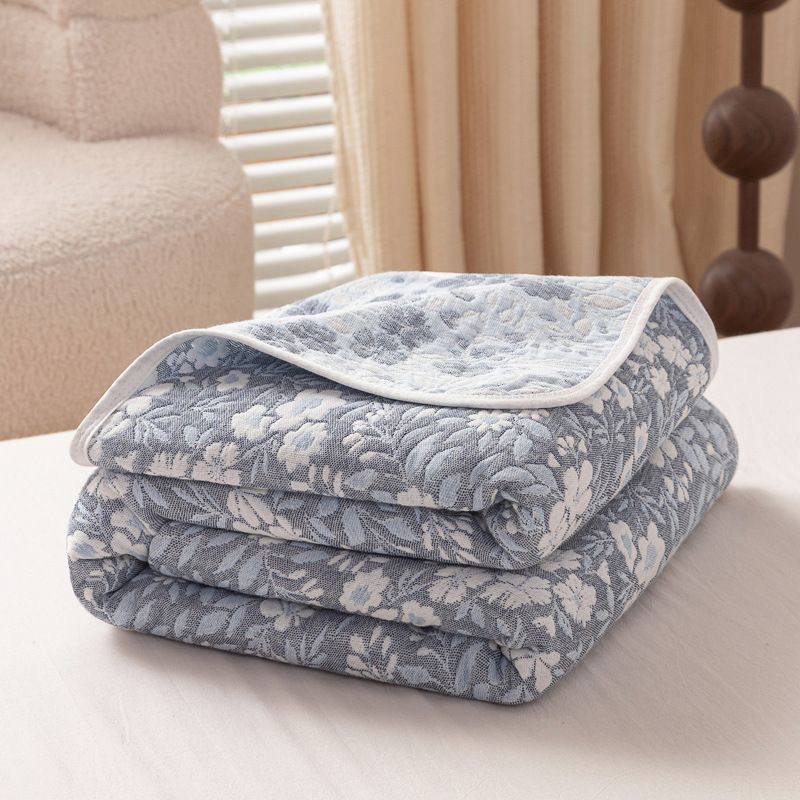 100% Cotton 6-Layer Gauze Summer Blanket & Towel Blanket - Ultra Soft & Breathable Reversible Quilt, Blue Florals 180 x 200 CM