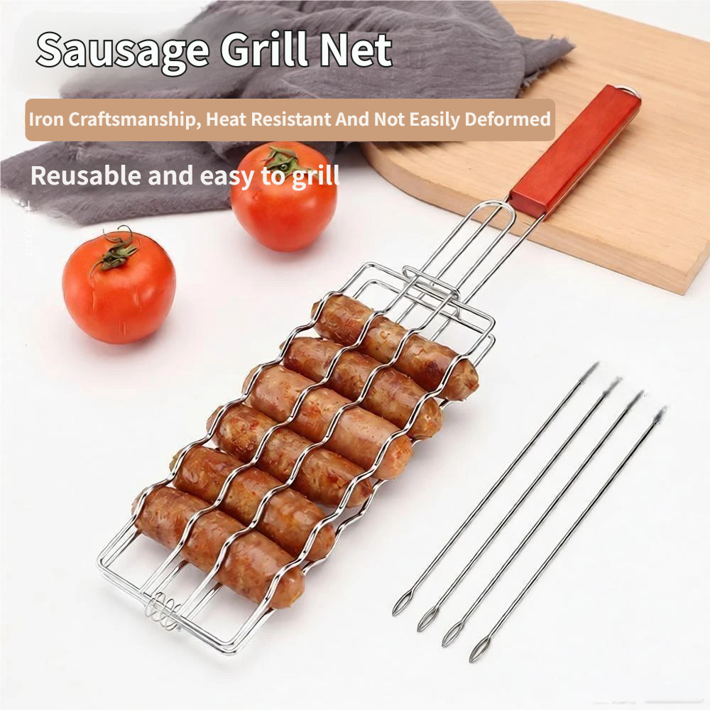 5PCS BBQ Sausage Grilling Basket Set - Heavy Duty Iron Grill Basket with Wooden Handle and 4 Stainless Steel Skewers, Reusable Hot Dog BBQ Cooking Tools for Camping and Outdoor Use