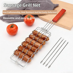 5PCS BBQ Sausage Grilling Basket Set - Heavy Duty Iron Grill Basket with Wooden Handle and 4 Stainless Steel Skewers, Reusable Hot Dog BBQ Cooking Tools for Camping and Outdoor Use