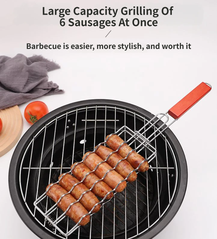 5PCS BBQ Sausage Grilling Basket Set - Heavy Duty Iron Grill Basket with Wooden Handle and 4 Stainless Steel Skewers, Reusable Hot Dog BBQ Cooking Tools for Camping and Outdoor Use