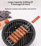 5PCS BBQ Sausage Grilling Basket Set - Heavy Duty Iron Grill Basket with Wooden Handle and 4 Stainless Steel Skewers, Reusable Hot Dog BBQ Cooking Tools for Camping and Outdoor Use