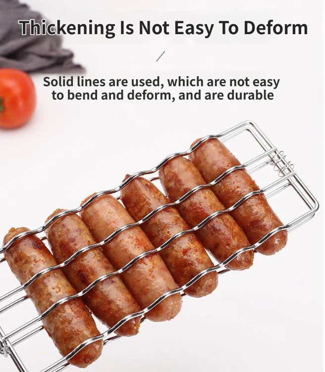 5PCS BBQ Sausage Grilling Basket Set - Heavy Duty Iron Grill Basket with Wooden Handle and 4 Stainless Steel Skewers, Reusable Hot Dog BBQ Cooking Tools for Camping and Outdoor Use