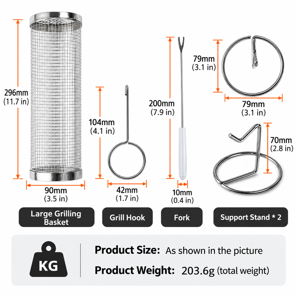 5-Piece Stainless Steel 360° Rolling Grill Basket Kit - Large 30 x9cm Rotating BBQ Mesh Cylinder with Locking Lid and Grill Accessories for Outdoor Camping