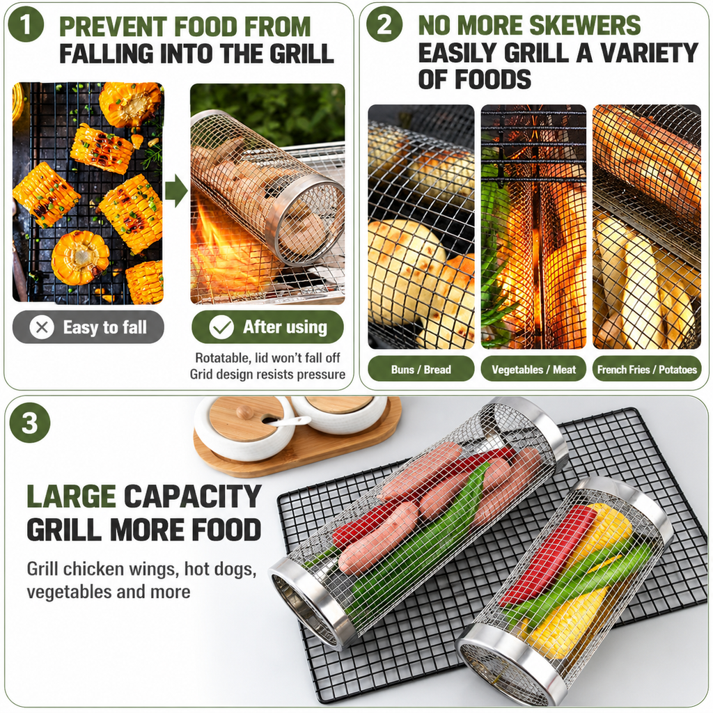 5-Piece Stainless Steel 360° Rolling Grill Basket Kit - Large 30 x9cm Rotating BBQ Mesh Cylinder with Locking Lid and Grill Accessories for Outdoor Camping