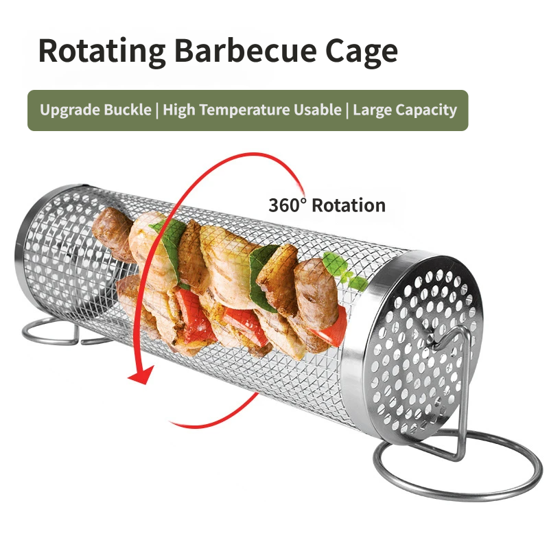 5-Piece Stainless Steel 360° Rolling Grill Basket Kit - Small 20 x9cm Rotating BBQ Mesh Cylinder with Locking Lid and Grill Accessories for Outdoor Camping