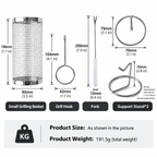 5-Piece Stainless Steel 360° Rolling Grill Basket Kit - Small 20 x9cm Rotating BBQ Mesh Cylinder with Locking Lid and Grill Accessories for Outdoor Camping