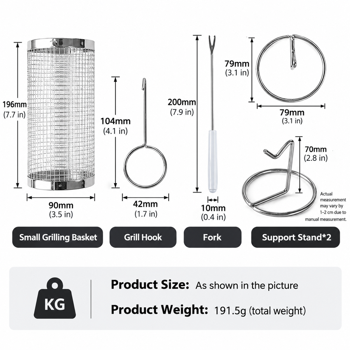 5-Piece Stainless Steel 360° Rolling Grill Basket Kit - Small 20 x9cm Rotating BBQ Mesh Cylinder with Locking Lid and Grill Accessories for Outdoor Camping