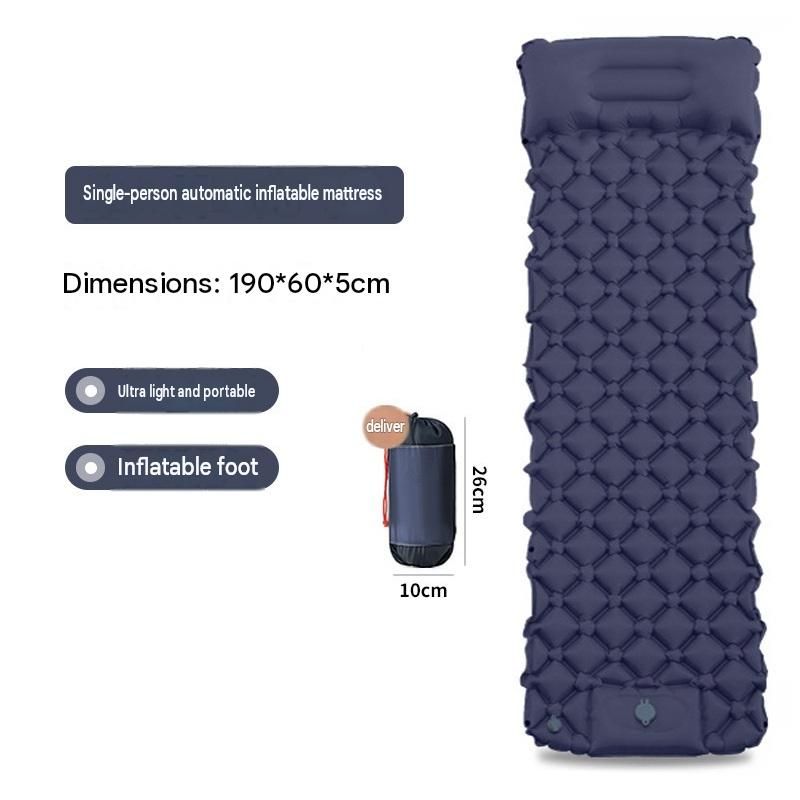 Navy blue Single Outdoor Foot Pump Inflatable Sleeping Pad （190 x 60 x 5 cm ）- 40D Nylon Camping Air Mattress with Built-in Pillow and Double Valve - Portable Moisture Proof Mat for Hiking Backpacking
