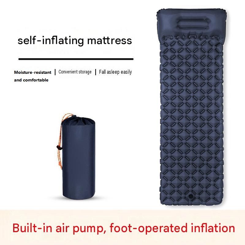 Blue Single Outdoor Foot Pump Inflatable Sleeping Pad （190 x 60 x 5 cm ）- 40D Nylon Camping Air Mattress with Built-in Pillow and Double Valve - Portable Moisture Proof Mat for Hiking Backpacking