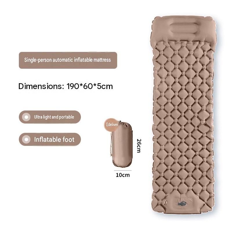 Khaki Single Outdoor Foot Pump Inflatable Sleeping Pad （190 x 60 x 5 cm ）- 40D Nylon Camping Air Mattress with Built-in Pillow and Double Valve - Portable Moisture Proof Mat for Hiking Backpacking