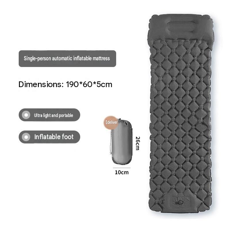 Grey Single Outdoor Foot Pump Inflatable Sleeping Pad （190 x 60 x 5 cm ）- 40D Nylon Camping Air Mattress with Built-in Pillow and Double Valve - Portable Moisture Proof Mat for Hiking Backpacking