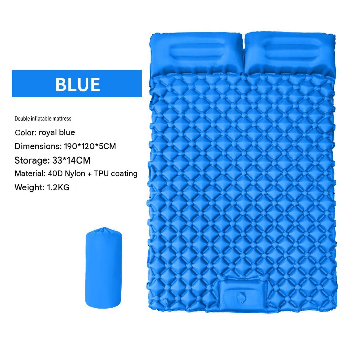 Double Outdoor Foot Pump Inflatable Sleeping Pad （190 x 120 x 5 cm）- 40D Nylon Camping Air Mattress with Built-in Pillow and Double Valve - Portable Moisture Proof Mat for Hiking Backpacking
