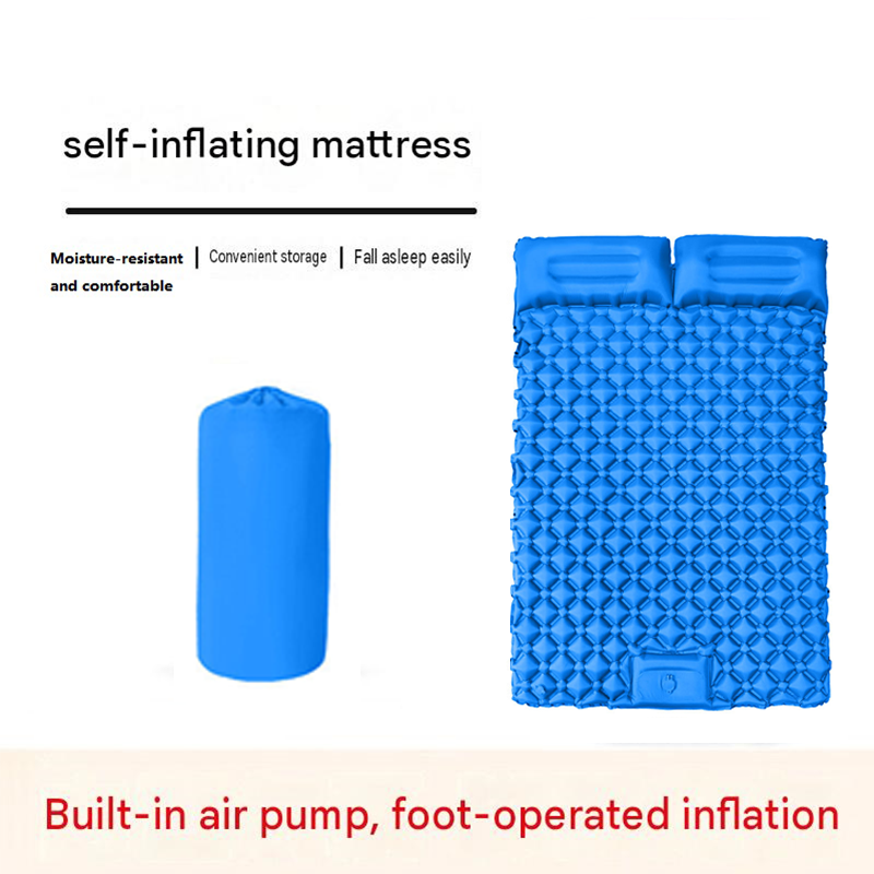 Double Outdoor Foot Pump Inflatable Sleeping Pad （190 x 120 x 5 cm）- 40D Nylon Camping Air Mattress with Built-in Pillow and Double Valve - Portable Moisture Proof Mat for Hiking Backpacking