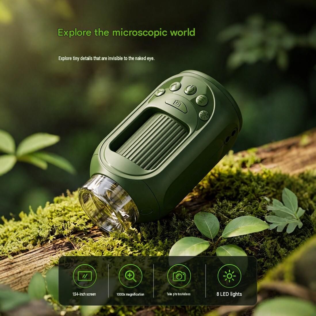 Green Portable Digital Microscope - 1000x Magnification, 1.54 Inch Screen, 8 LED Lights, Photo & Video Recording, STEM Science Exploration Tool，Suitable as a gift