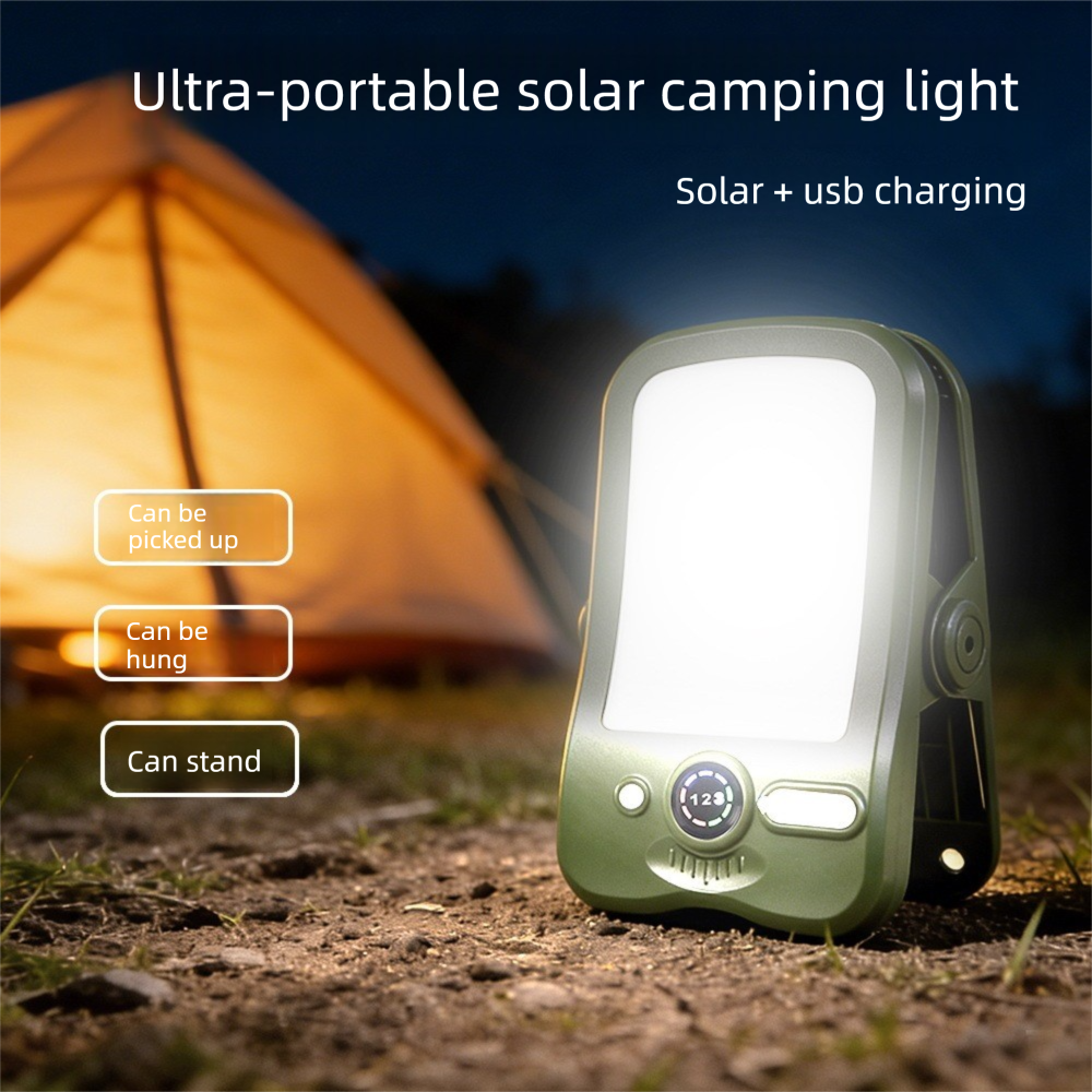 Solar Camping Lantern with Clip Green- 2000mAh USB and Solar Rechargeable, Waterproof Portable Tent Light with Digital Display for Outdoor Hiking Emergency
