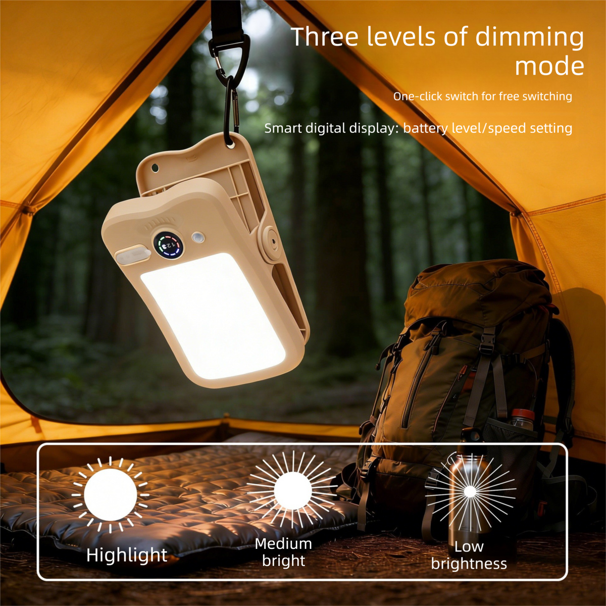 Solar Camping Lantern with Clip Beige- 2000mAh USB and Solar Rechargeable, Waterproof Portable Tent Light with Digital Display for Outdoor Hiking Emergency