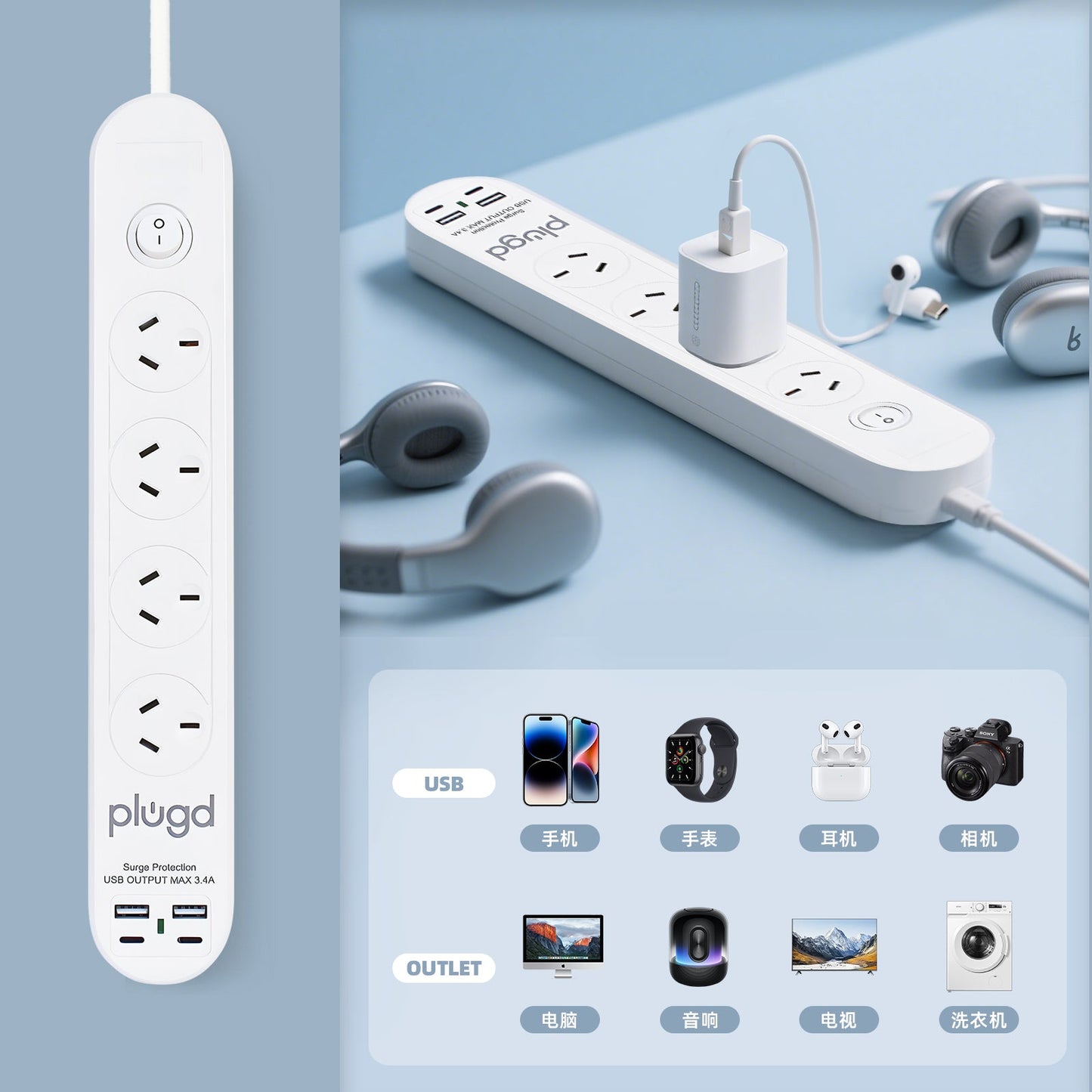 Plugd 2 USB A + 2 USB C 240V 10A Powerboard with Surge Protection