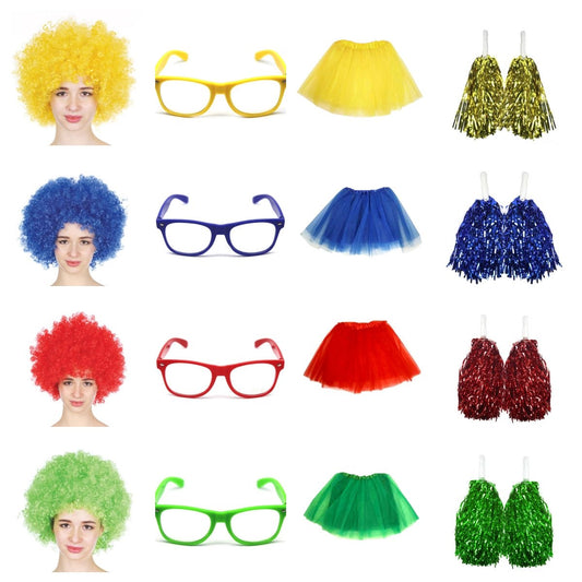 Collection of colorful wigs, glasses, and skirts on a white background