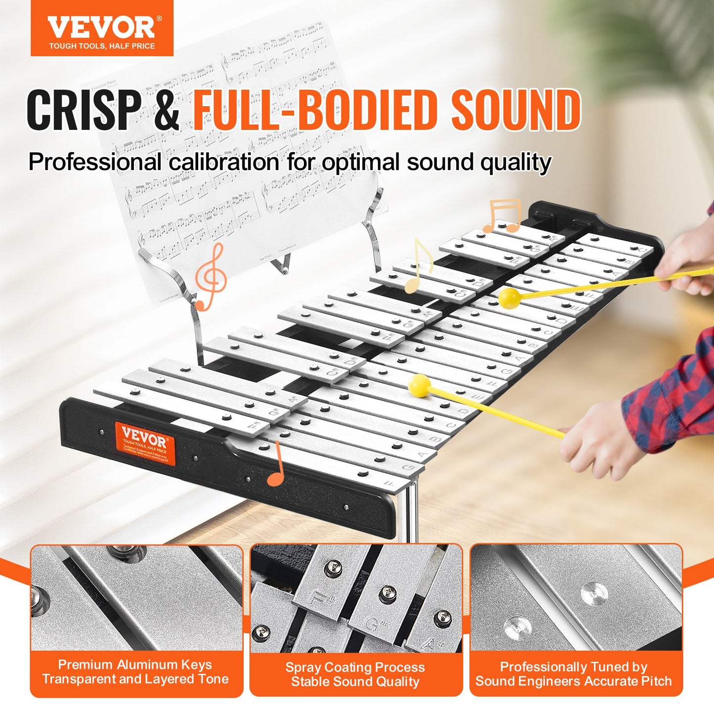 32 Note Glockenspiel Xylophone Bell Kit, Professional Percussion Instrument Set with Mallets, Drum Sticks, Music Stand, Adjustable Stand and Carrying Bag for Students & Adults