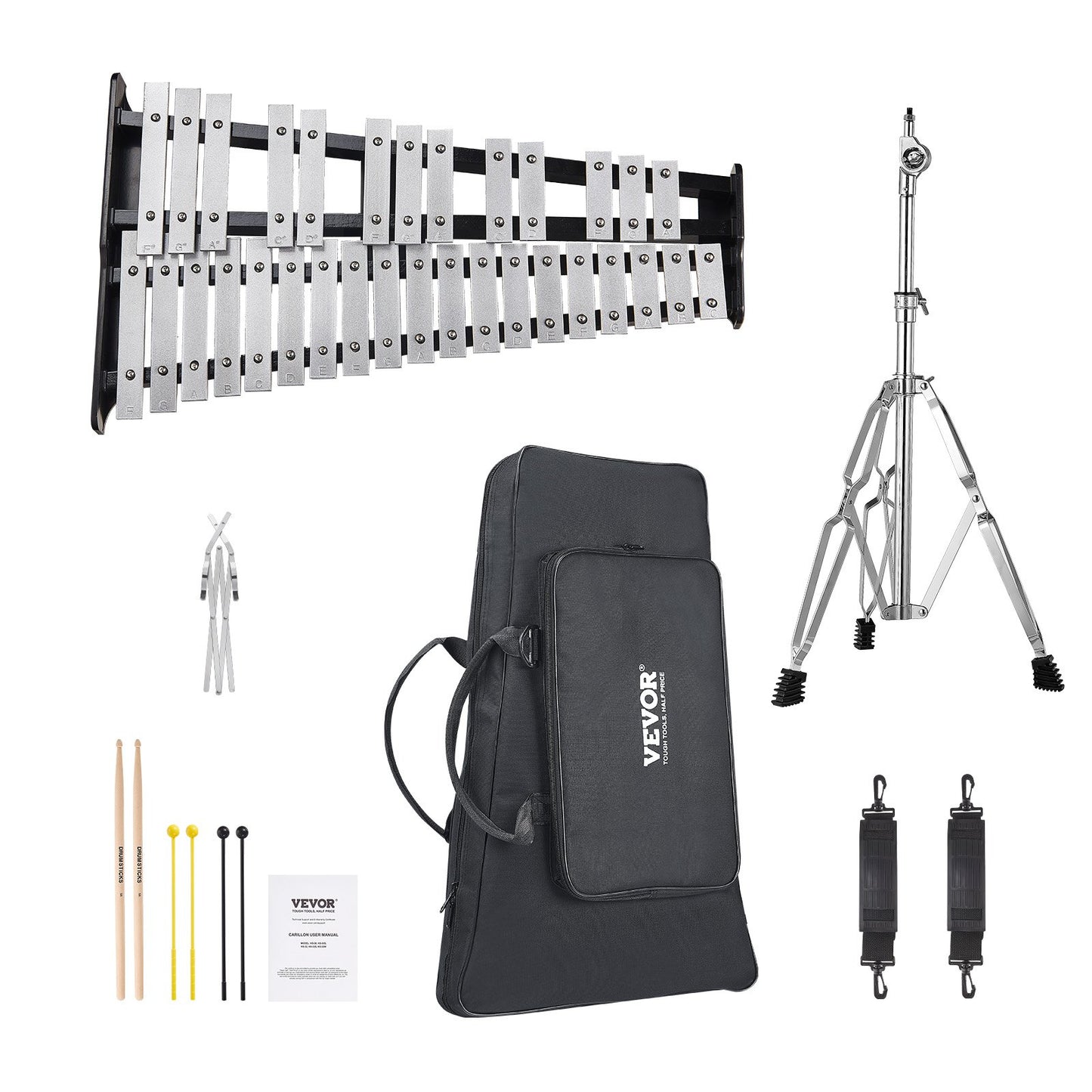 32 Note Glockenspiel Xylophone Bell Kit, Professional Percussion Instrument Set with Mallets, Drum Sticks, Music Stand, Adjustable Stand and Carrying Bag for Students & Adults