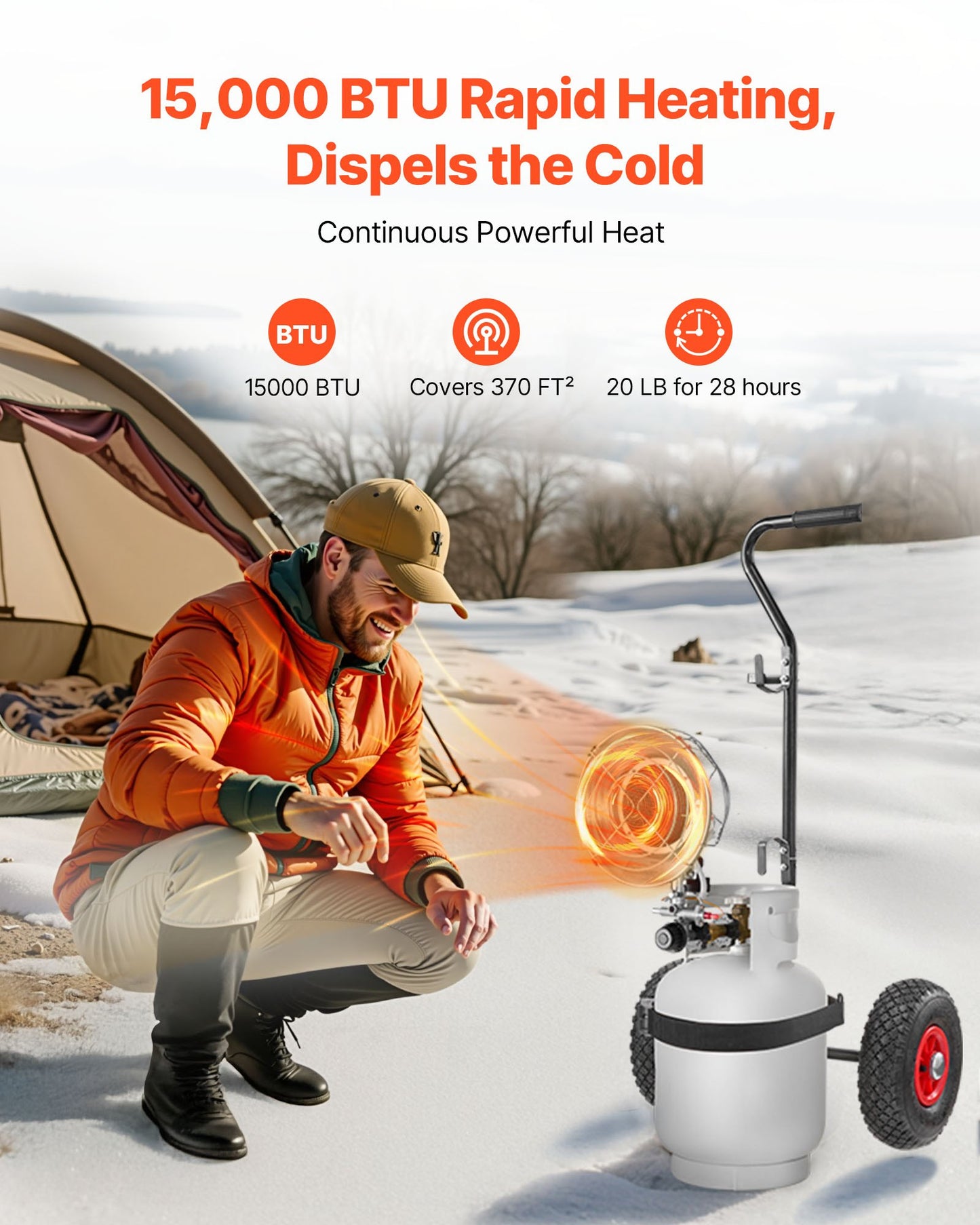 Propane Tank Top Heater with Portable Trolley, 15000 BTU Rapid Heating 180-Degree Infrared Radiant Tank Top Gas Heater for 9-18kg Propane Tanks, for Ice Fishing/ Hunting/Outdoor Single Burner