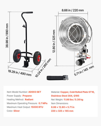 Propane Tank Top Heater with Portable Trolley, 15000 BTU Rapid Heating 180-Degree Infrared Radiant Tank Top Gas Heater for 9-18kg Propane Tanks, for Ice Fishing/ Hunting/Outdoor Single Burner