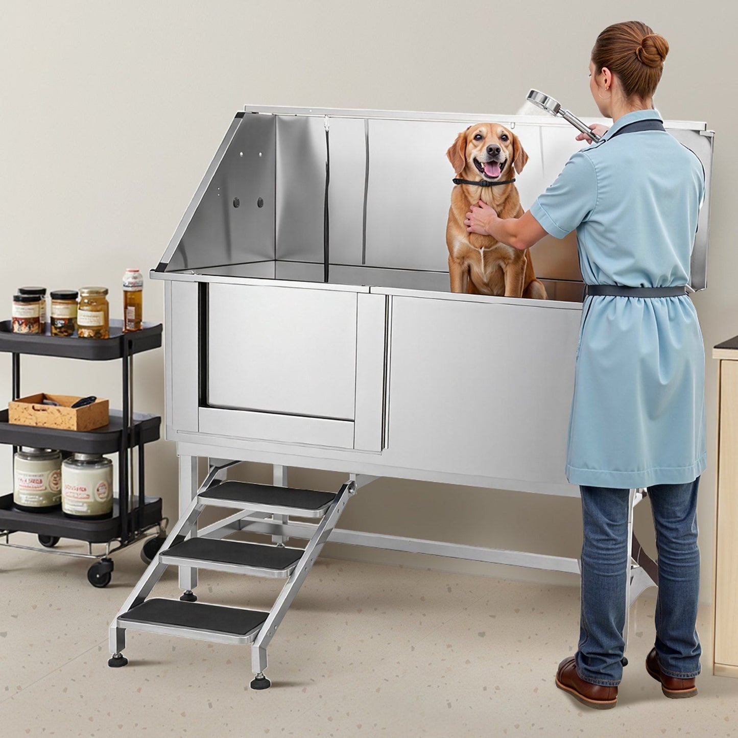 Stainless Steel Dog Washing Station, 157.48 cm Pet Grooming Tub w/ Stairs, PE Water Filter Board, Faucet & Showerhead & Soap Holder Dog Bathtub for Large & Medium & Small Pets (Left Door)