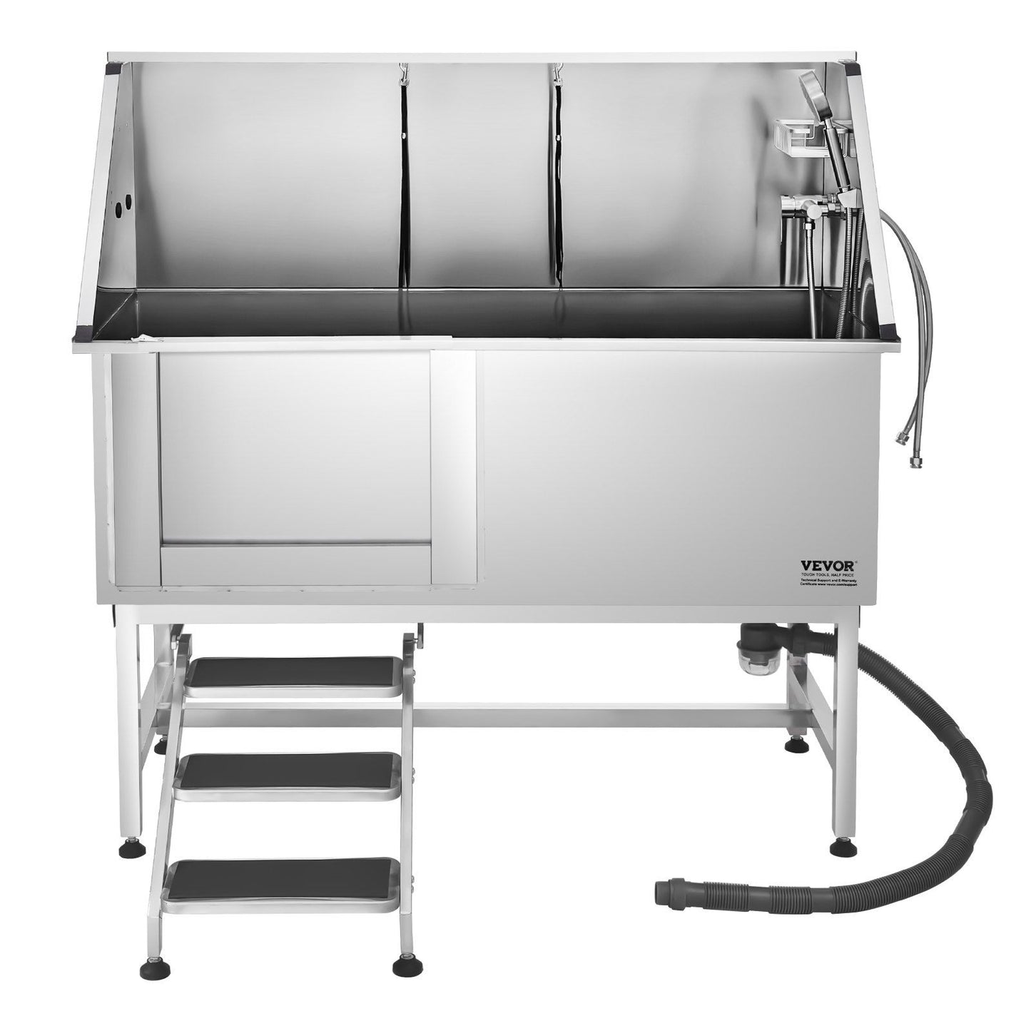 Stainless Steel Dog Washing Station, 157.48 cm Pet Grooming Tub w/ Stairs, PE Water Filter Board, Faucet & Showerhead & Soap Holder Dog Bathtub for Large & Medium & Small Pets (Left Door)