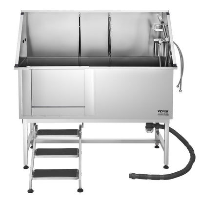 Stainless Steel Dog Washing Station, 157.48 cm Pet Grooming Tub w/ Stairs, PE Water Filter Board, Faucet & Showerhead & Soap Holder Dog Bathtub for Large & Medium & Small Pets (Left Door)
