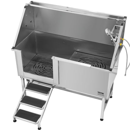 Stainless Steel Dog Washing Station, 157.48 cm Pet Grooming Tub w/ Stairs, PE Water Filter Board, Faucet & Showerhead & Soap Holder Dog Bathtub for Large & Medium & Small Pets (Left Door)