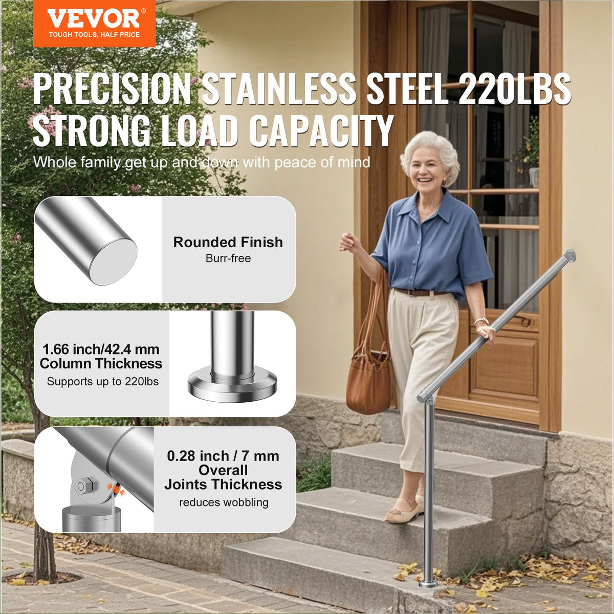 VEVOR Handrails for Outdoor Steps, 39.4in / 100cm Deck Railing Kit Wall Floor Mounted, Railings for Outside Steps with Installation Kit, Hand Rails for Seniors,Porch Railing & Deck Rail Kit, Silver